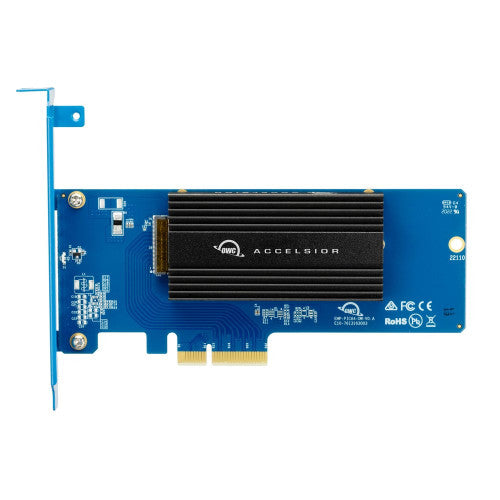 OWC Accelsior 1M2 PCIe NVMe M.2 SSD adapter Card with M.2 NVMe SSD installed OWC Accelsior 1M2 PCIe NVMe M.2 SSD adapter Card with M.2 NVMe SSD installed